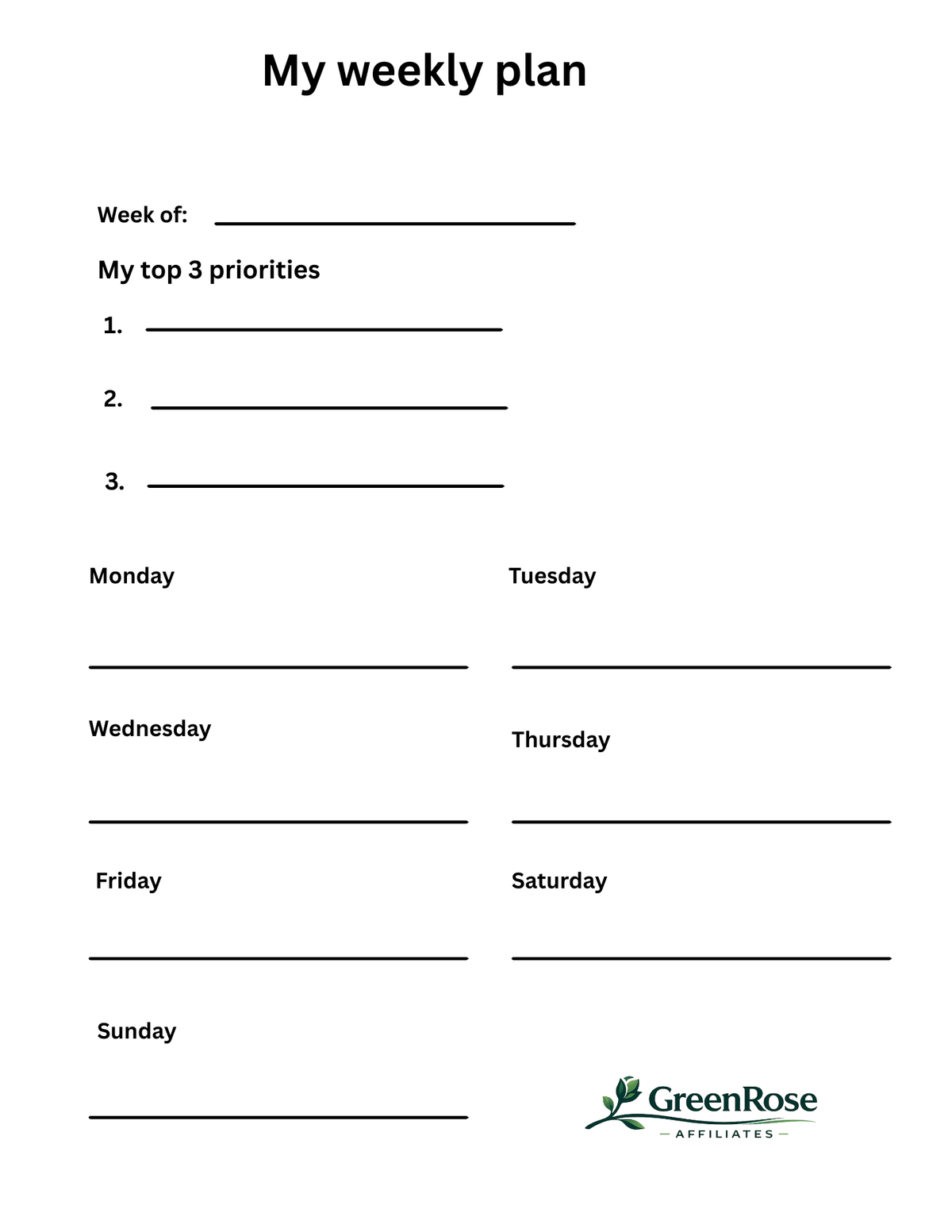 GreenRose printable weekly planner with three priorities, Monday through Sunday writing areas, and GreenRose logo.