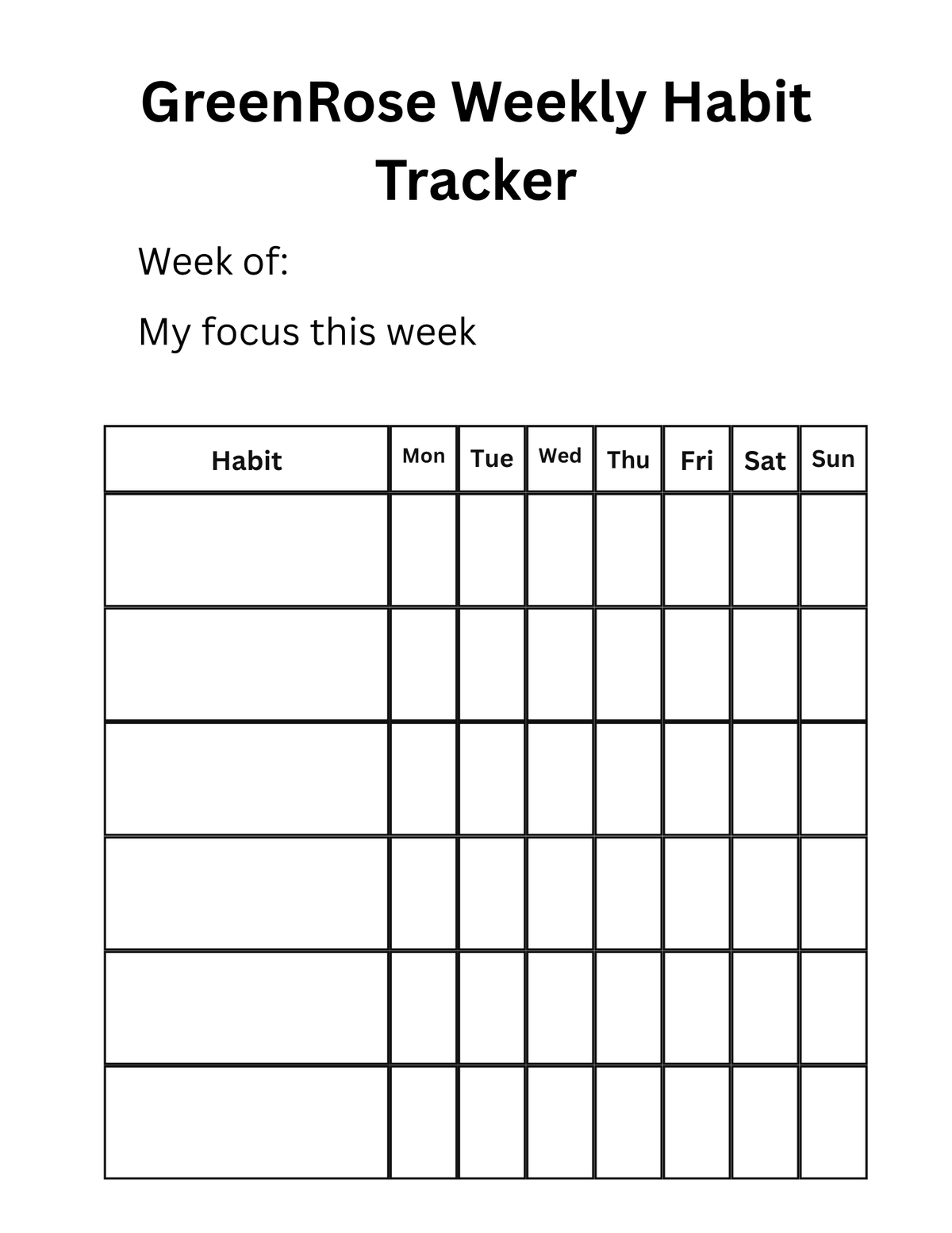 GreenRose Weekly Habit Tracker – Printable PDF