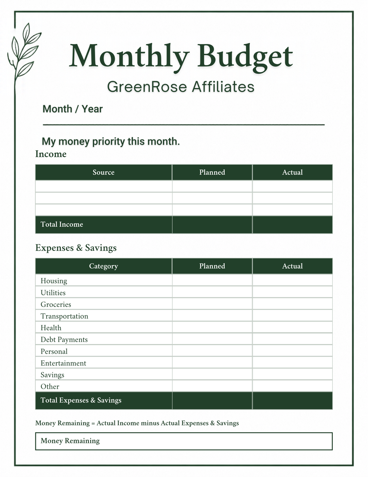 GreenRose Monthly Budget Planner – Printable PDF
