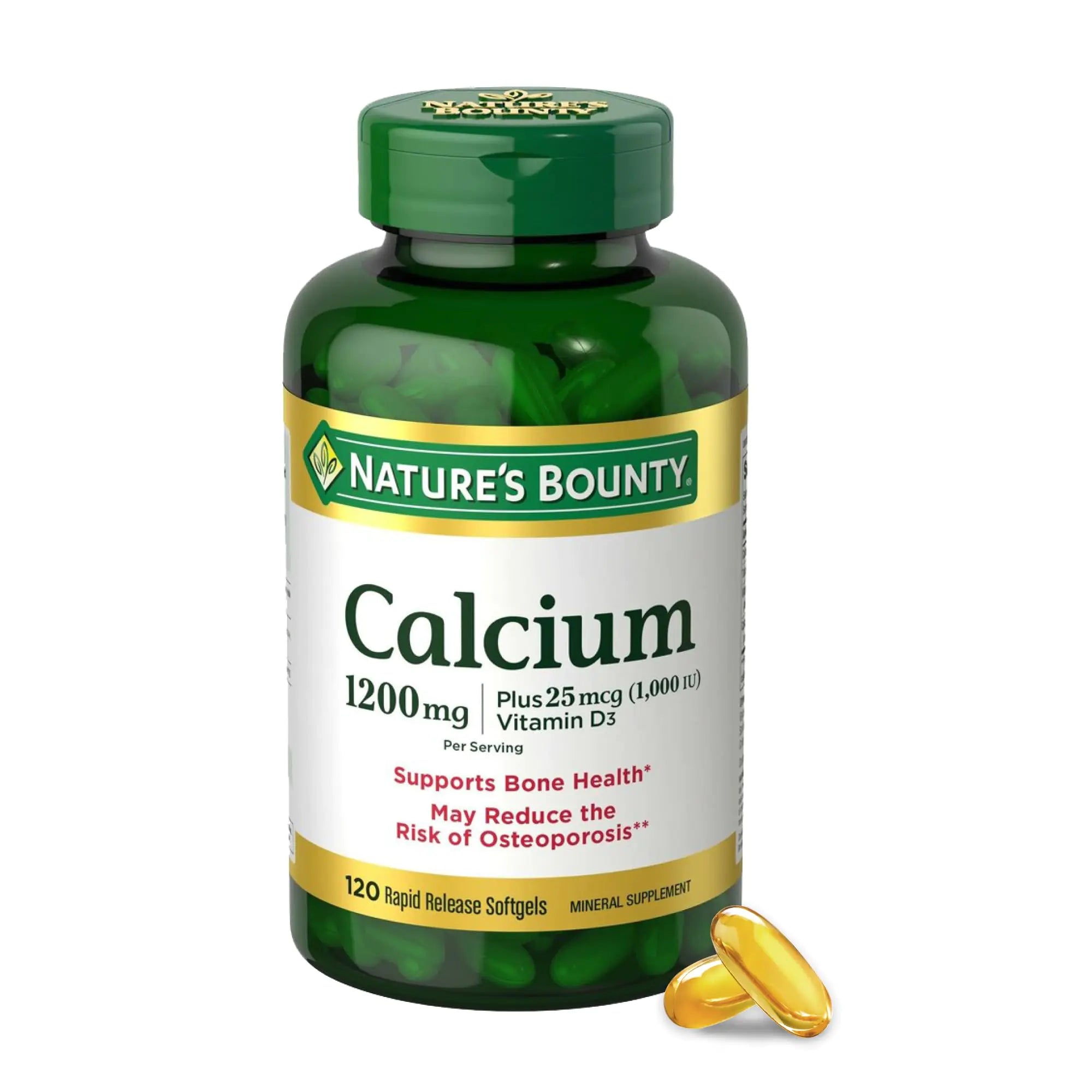 Natures Bounty Calcium Carbonate & Vitamin D Supports Immune Health & Bone Health 1200mg Calcium & 1000IU Vitamin D3 120 Softgels